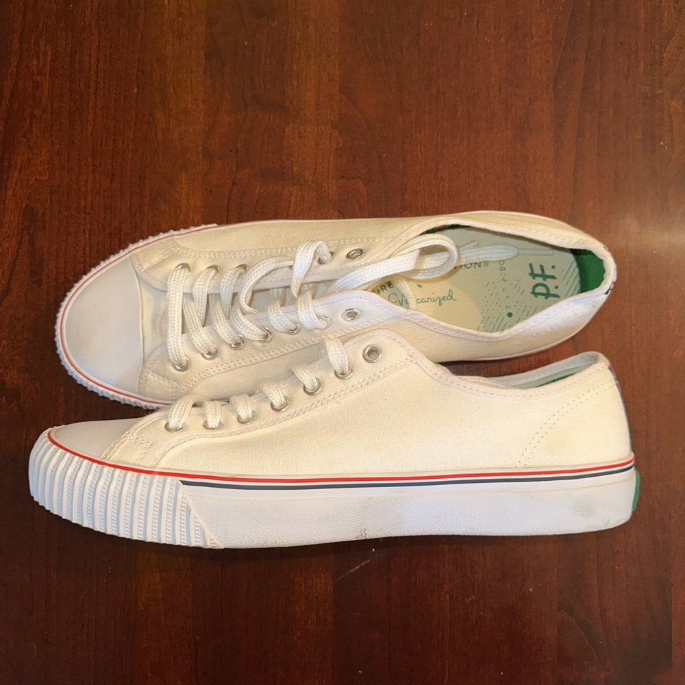 P.F. Flyers White Canvas Sneakers with Red and Blue Accents